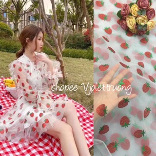 Vải voan lưới dâu tây may cột tóc scrunchies - vải may đầm khổ 2m x 1,5m