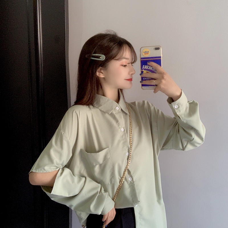 SUXI Áo Sơ Mi Tay Dài Dáng Rộng Màu Sắc Đơn Giản Thời Trang Mùa Hè Xinh Xắn Cho Nữ