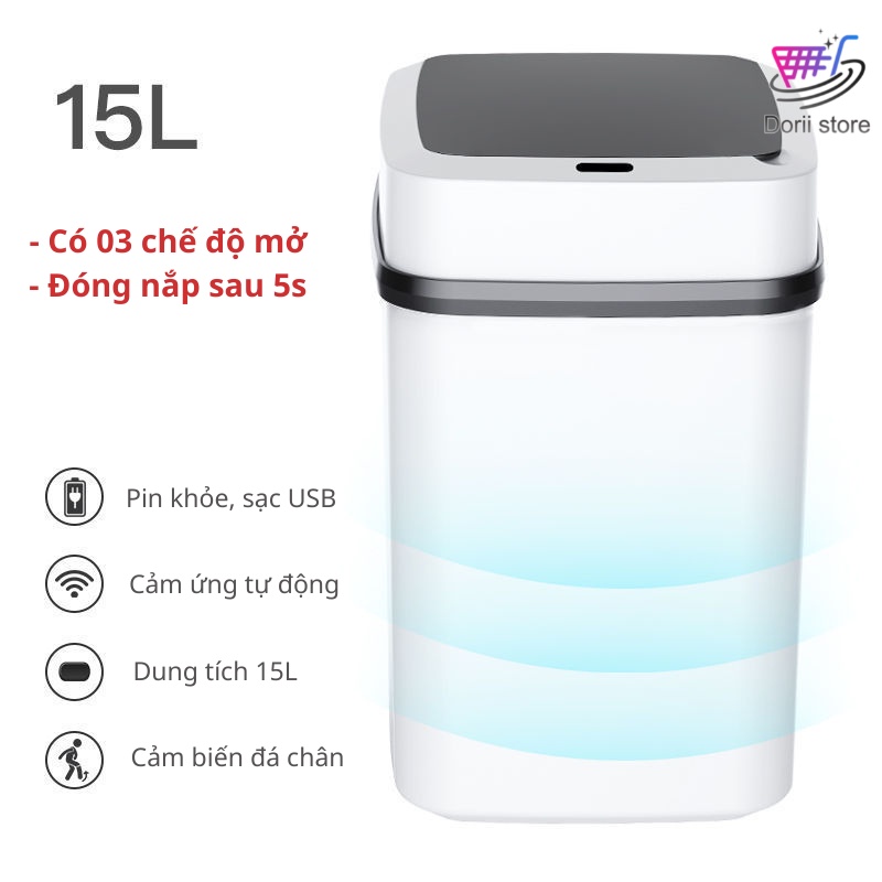 Thùng Rác Thông Minh Cảm Ứng Tự Động 03 Chế Độ Mở Nắp Sạc USB - Dung Tích 13L-15L Tiện Dụng