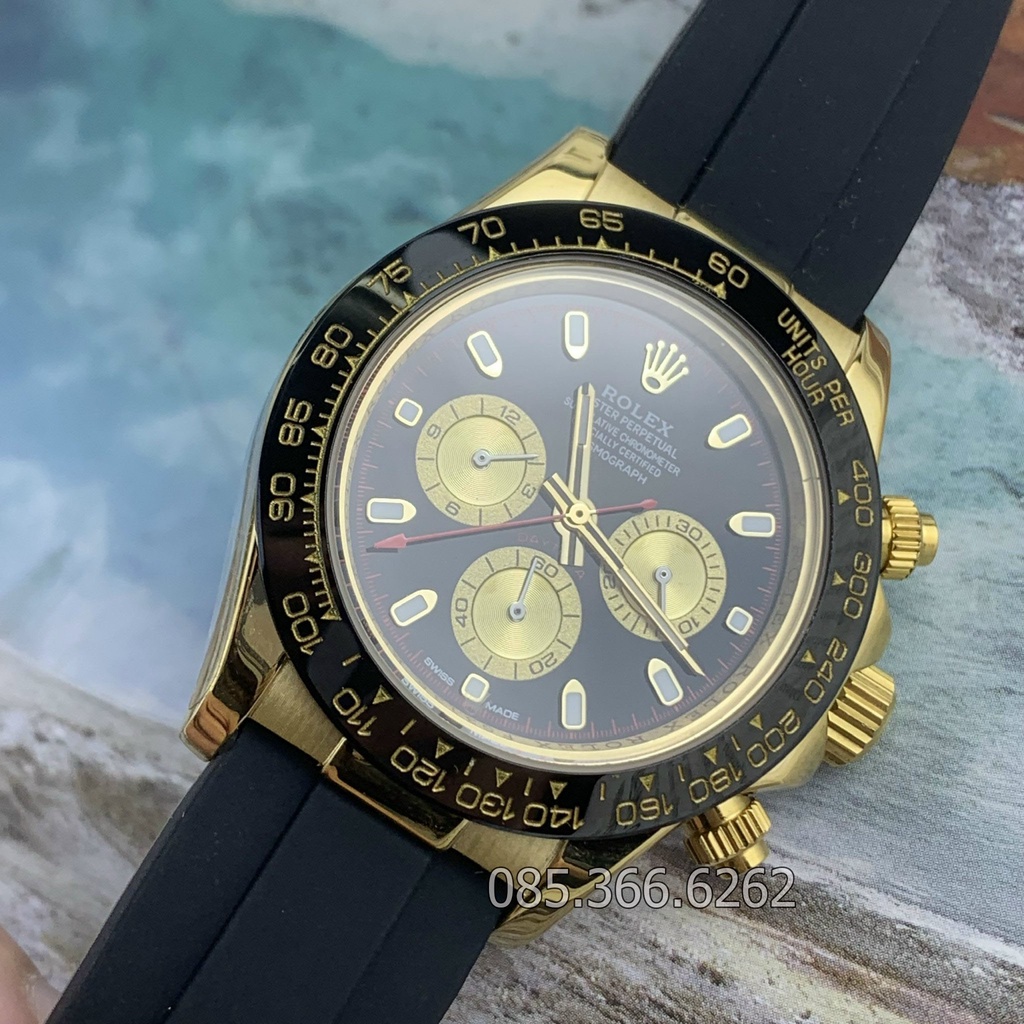 Đồng hồ nam Rolex cơ Automatic máy nhật mẫu 3 nút vàng chanh dây cao su số DẠ QUANG size 41-42mm