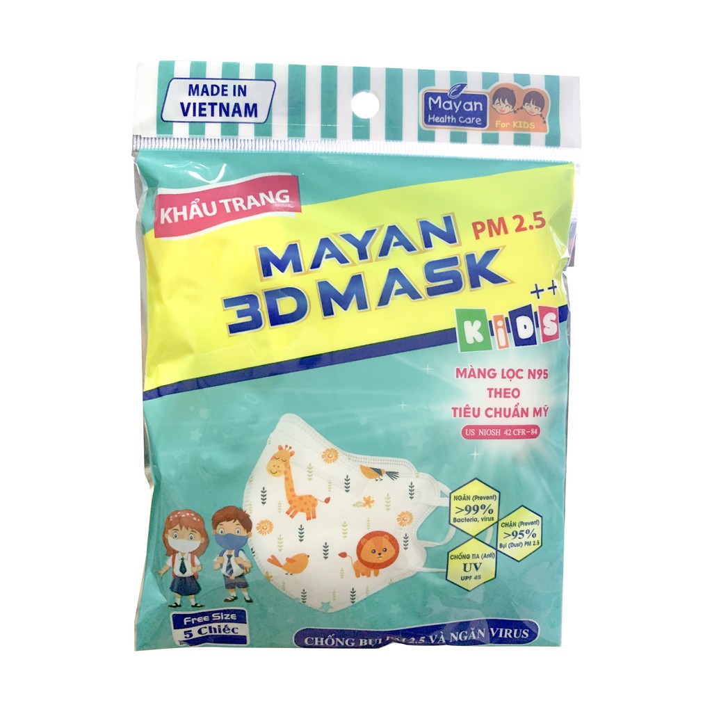 Khẩu Trang Mayan 3D Mask Media Chống Bụi PM 2.5 4 lớp Gói 5 cái TRẺ EM