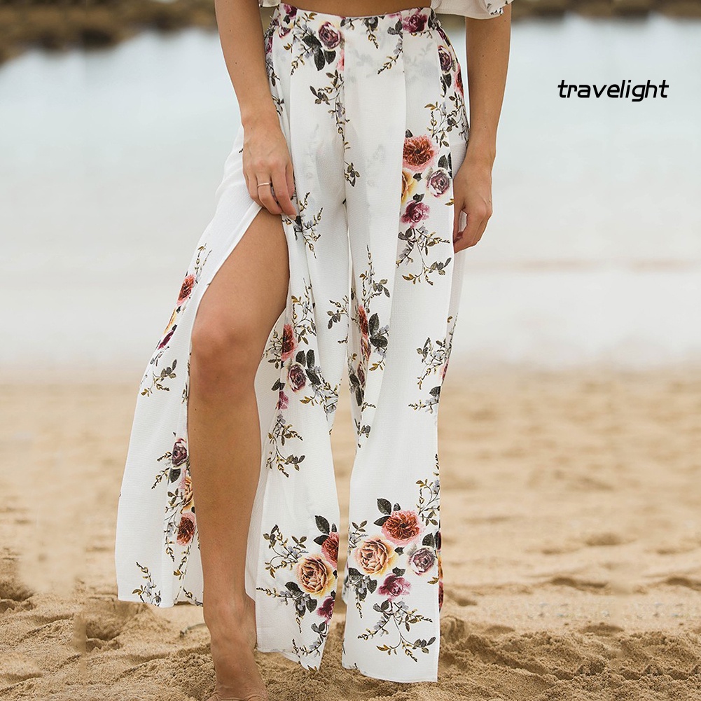 Quần Culottes Palazzo Lưng Cao Ống Rộng Xẻ Tà In Họa Tiết Hoa Phong Cách Boho Thời Trang Đi Biển