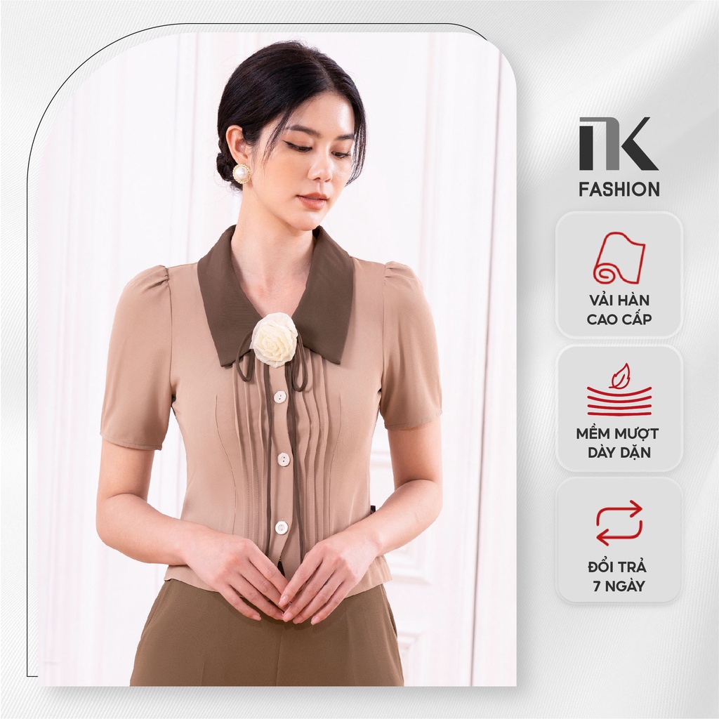Áo Sơ Mi Nữ Công Sở Cộc Tay NK Fashion Thiết Kế Bấu Mí Phối Nơ Cổ Nữ Tính, Chất Liệu Nhập Hàn Cao Cấp NKSM2203006