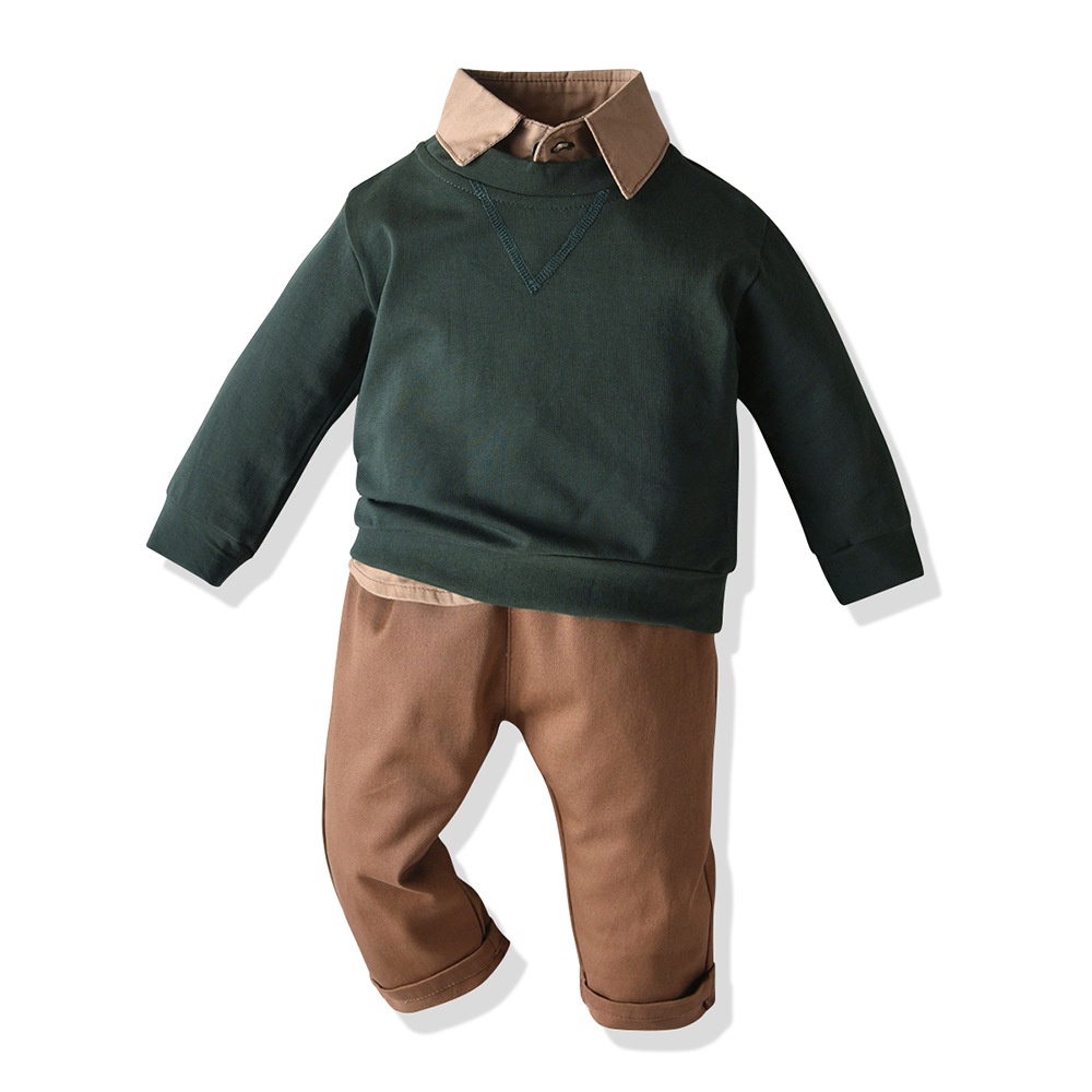 Bộ 3 chi tiết áo khoác cotton + áo sơ mi và quần kaki nâu tây của Mialy kids - Thời trang cho bé trai