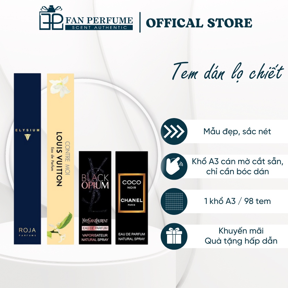 100 Tem dán nước hoa lọ chiết ⚡ SIÊU RẺ ⚡ Decan dán lọ chiết nước hoa nhiều kích cỡ 1 tờ A3/ 100 tem