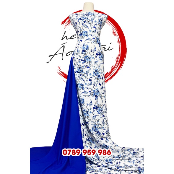 [Hàng VNXK] Vải áo dài Lụa Cao Cấp họa tiết hoa đều màu xanh dương (Coban)
