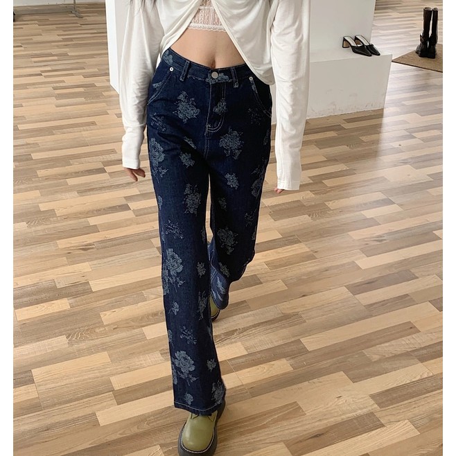 6:30PM Order Mã 009 Quần jeans ulzzang xanh đậm ống loe suông hoa văn hoa hồng retro độc lạ big size lưng cao hot trend