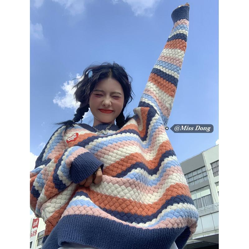 Áo sweater dệt kim dáng rộng họa tiết kẻ sọc phong cách retro