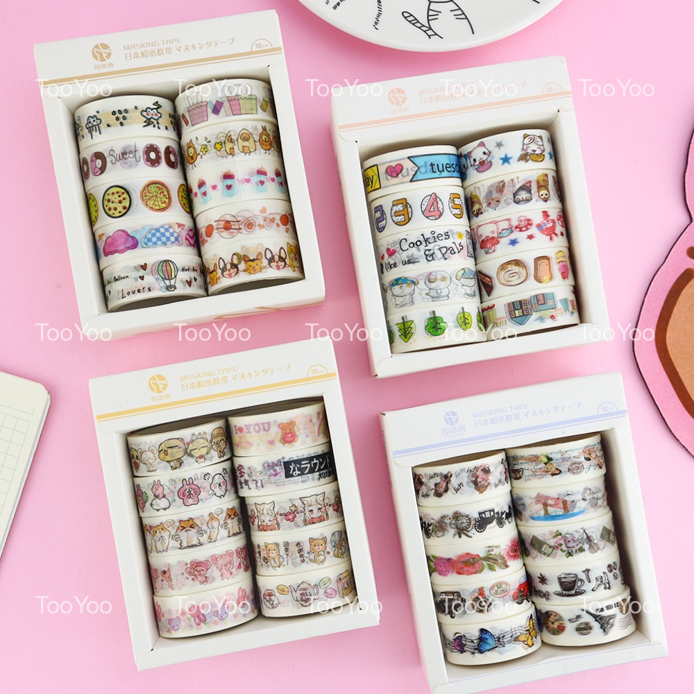 Hộp 10 cuộn Washi tape băng keo giấy trang trí sổ lưu niệm TooYoo TY0054