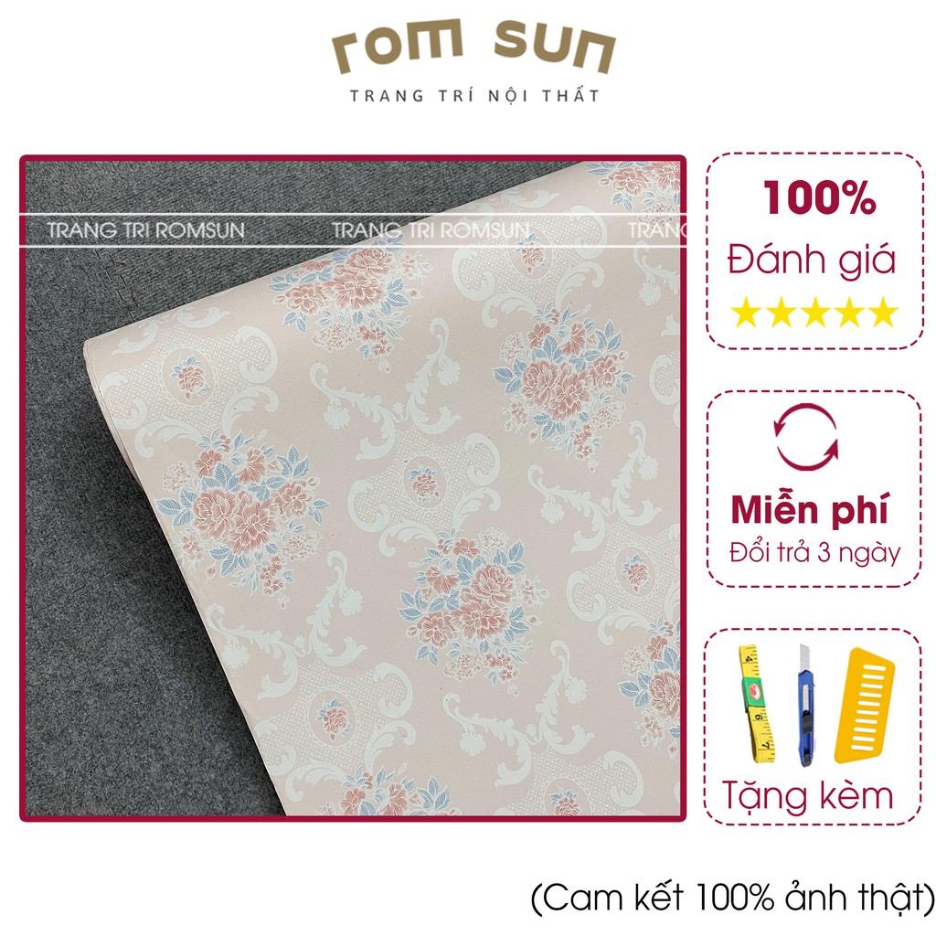 Giấy dán tường vintage hoa văn cổ điển 3D chống thấm, Decan trang trí tường phòng khách đẹp hoa văn hồng
