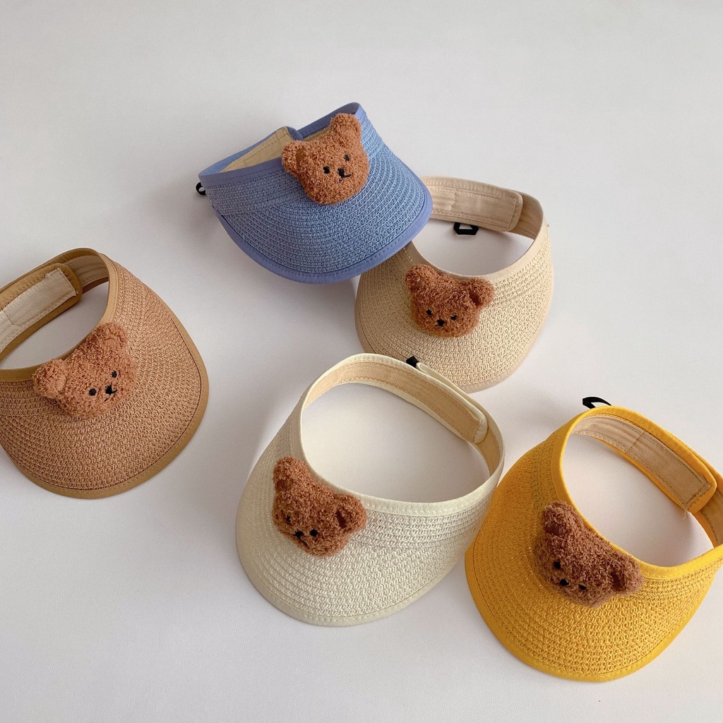 Mũ che nắng hở chóp bằng sợi rơm hình gấu dễ thương có thể gấp gọn thời trang mùa hè cho trẻ em