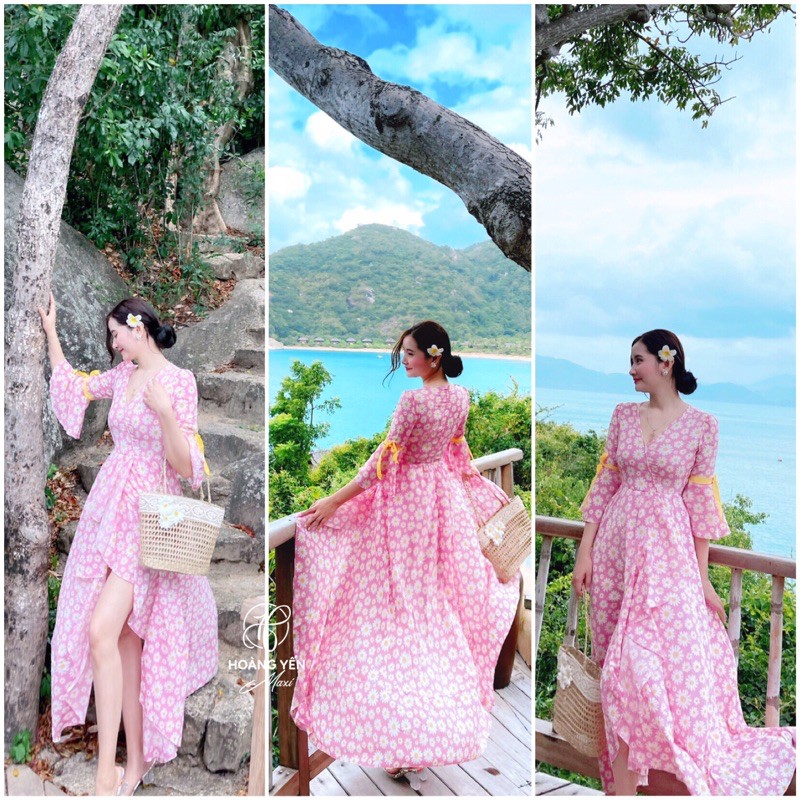 HOANGYEN -  Đầm maxi hoa cúc hồng tay dài xẻ tà tulip siêu xinh