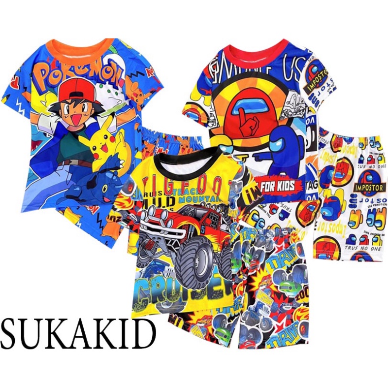 ( Km ) Đồ bé trai in chuyển nhiệt 3D chất liệu thoáng co giãn 4 chiếc xe,Among.pikachu cho bé từ 6kg đến 40kg.TN02.