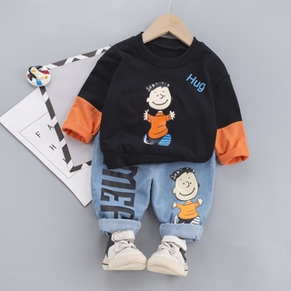 Set áo thun dài tay cổ tròn + quần dài thời trang cho bé từ 0-5 tuổi dễ thương