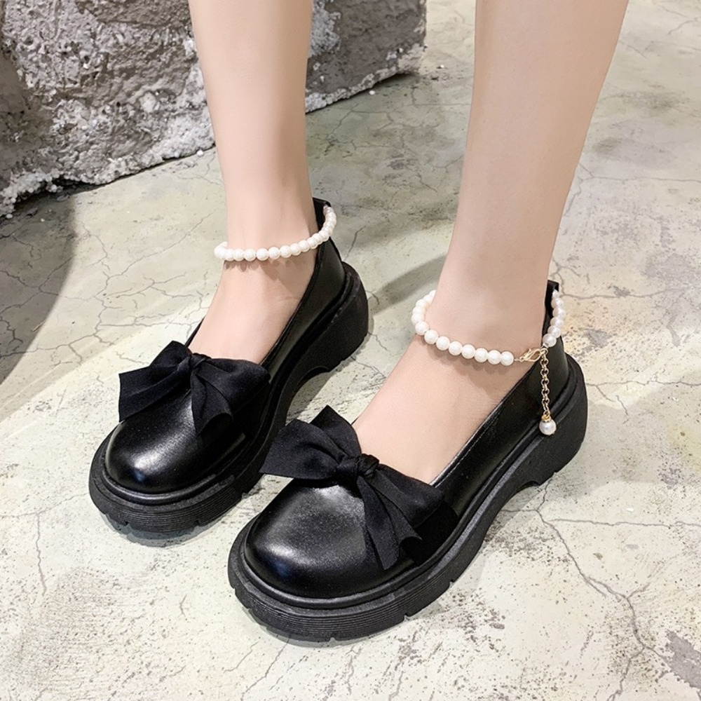 Giày MWC 2273 - Giày Lolita Nữ Quai Ngọc Mũi Đính Nơ, Giày Búp Bê Đế Cao Phong Cách Hàn Quốc