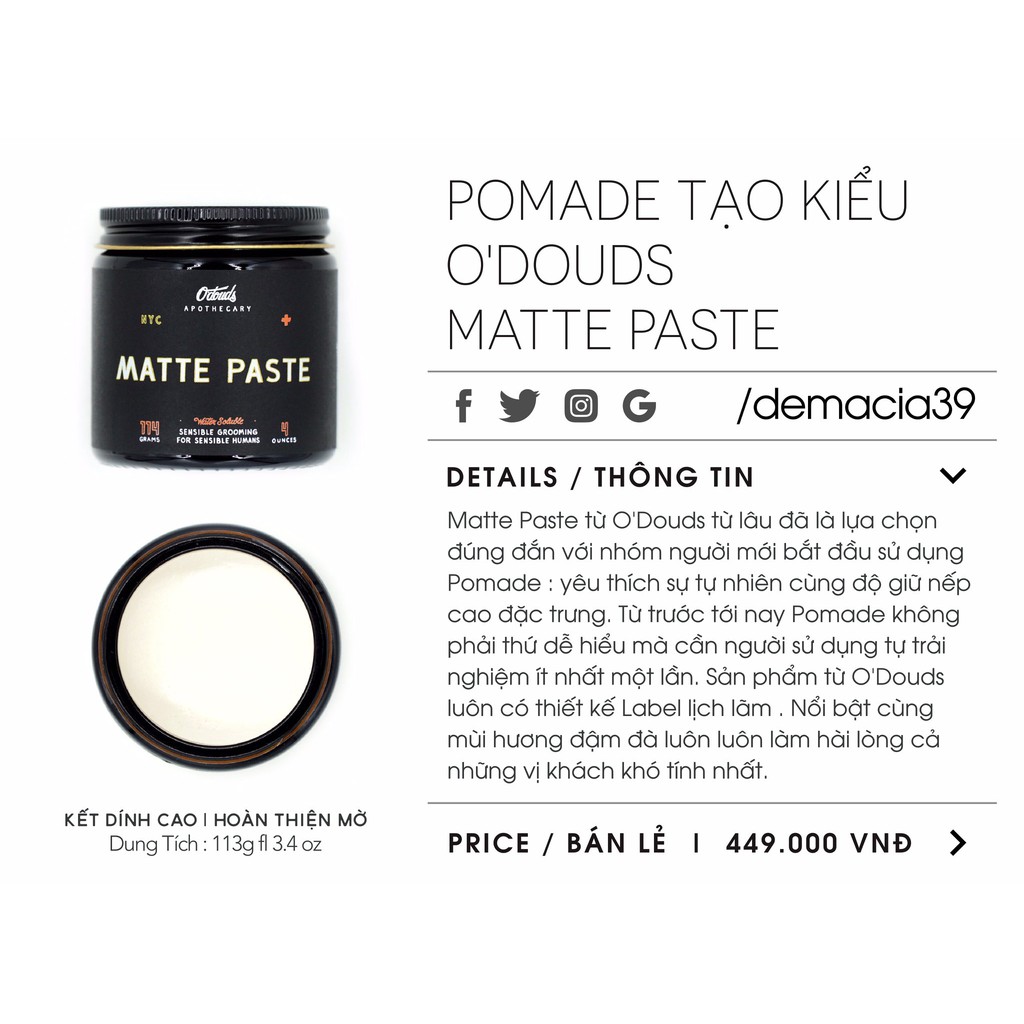 [HÀ NỘI] Sáp vuốt tóc O’douds Matte Paste - 114g - version 4 (mới nhất 2020) - Strong Hold - nhập khẩu chính hãng Mỹ