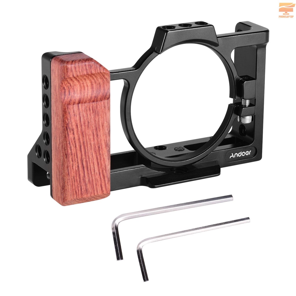 Andoer Camera Cage Compatible with Sony ZV1 Camera with Wooden Handle Grip Cold Shoe for Mounting Microphone LED Light