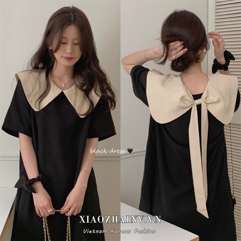 Xiaozhainv Đầm Đen Dáng Rộng Cổ Búp Bê Phối Nơ Kiểu Hàn Quốc Dễ Thương Cho Nữ