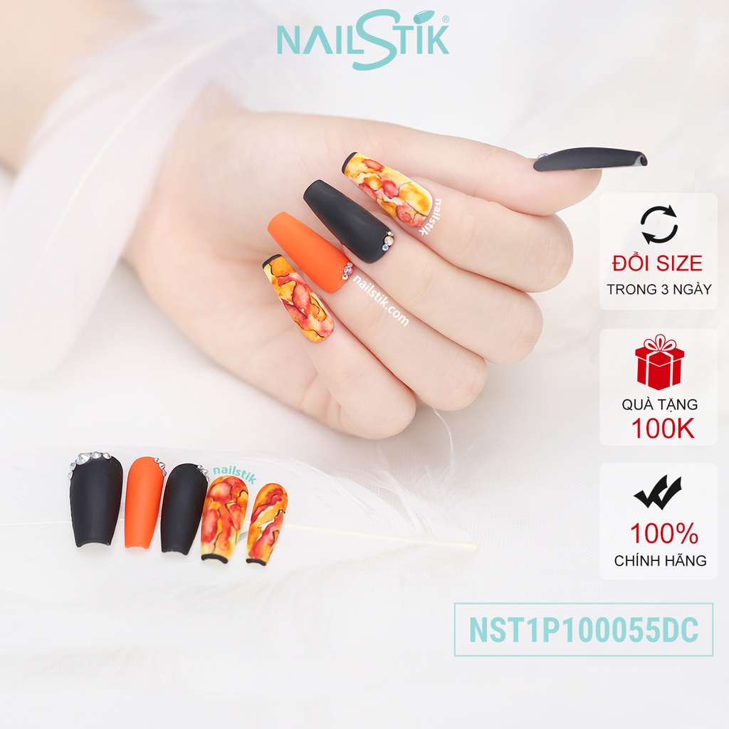 Bộ móng dán Nailstik party, màu cam đen, form móng coffin, dài 055