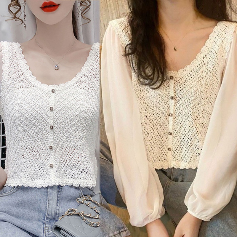 Brroa Áo Khoác Cardigan Dệt Kim Vải Voan Tay Dài Phồng Cài Nút Xuống Cổ Dệt Kim Màu Trơn Kiểu Pháp Cho Nữ