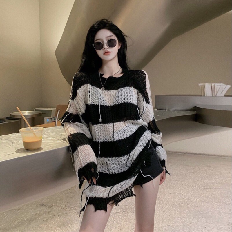 G39. 12. ÁO SWEATER LEN LƯỚI KẺ SỌC PHONG CÁCH CÁ TÍNH