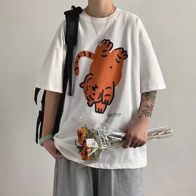 áo thun 100% cotton Tay Ngắn Dáng Rộng In Họa Tiết Đơn Giản Thời Trang Cho Nam Và Nữ (Size M-8XL)