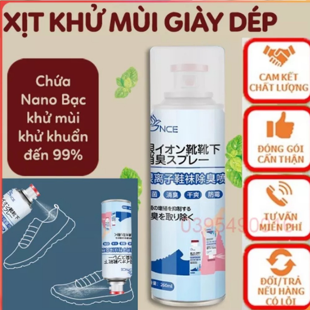 Xịt khử mùi giày Nano Bạc mùi dịu nhẹ 260ml chai xịt ngược khử mùi giày dép tủ giày hiệu quả, An toàn , không gây HẠI