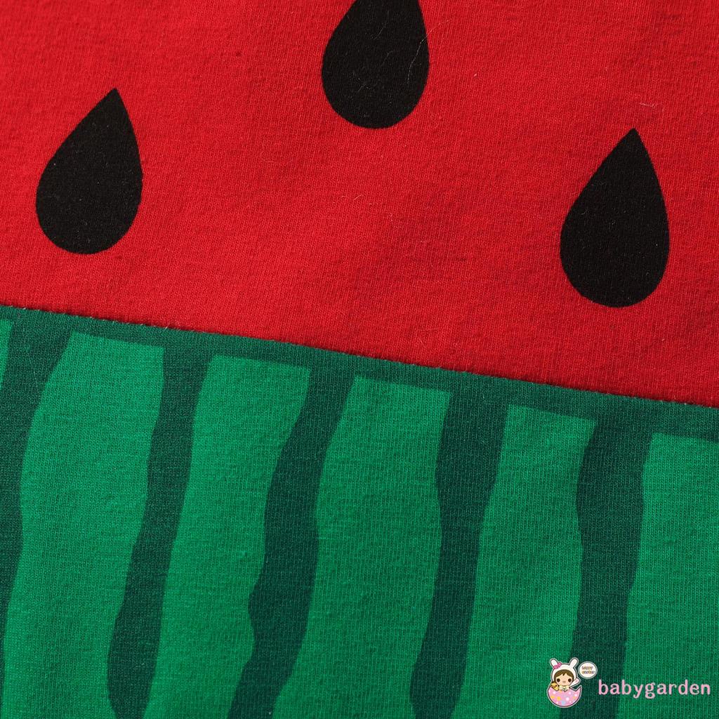 Bộ áo liền quần cổ tròn tay ngắn in hình dưa hấu + chân váy lưng thun màu trơn dễ thương cho bé gái