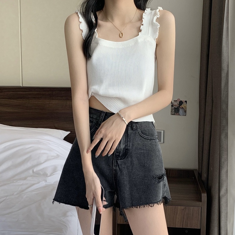 Youyo Áo Tank Top Không Tay Nhún Bèo Dáng Ôm Thời Trang Đi Biển Ngày Lễ