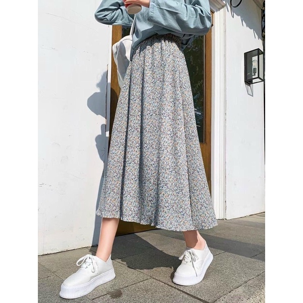 Chân váy hoa nhí chất voan nhăn dáng dài lưng chun 2 lớp hàng Quảng Châu vintage | BigBuy360 - bigbuy360.vn