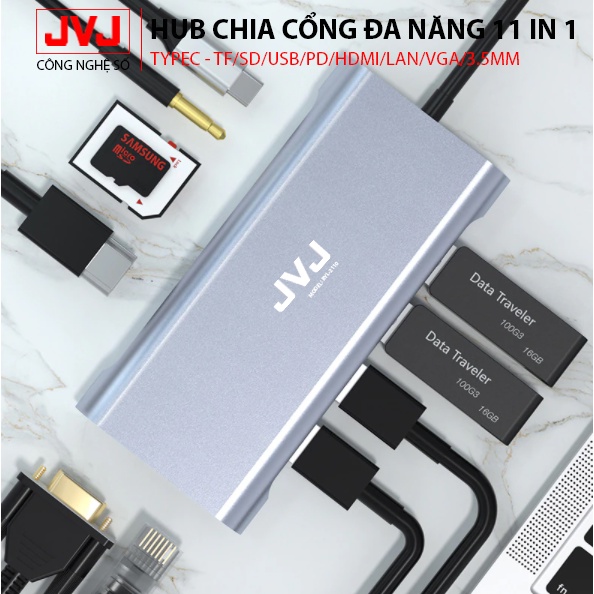 Hub chuyển đổi Macbook JVJ C11 cổng TypeC 11in1 sáng HDMI 4K, VGA, USB - C 3.0, cổng lan RJ45, TypeC 3.5mm BH 2 năm1đổi1 | BigBuy360 - bigbuy360.vn