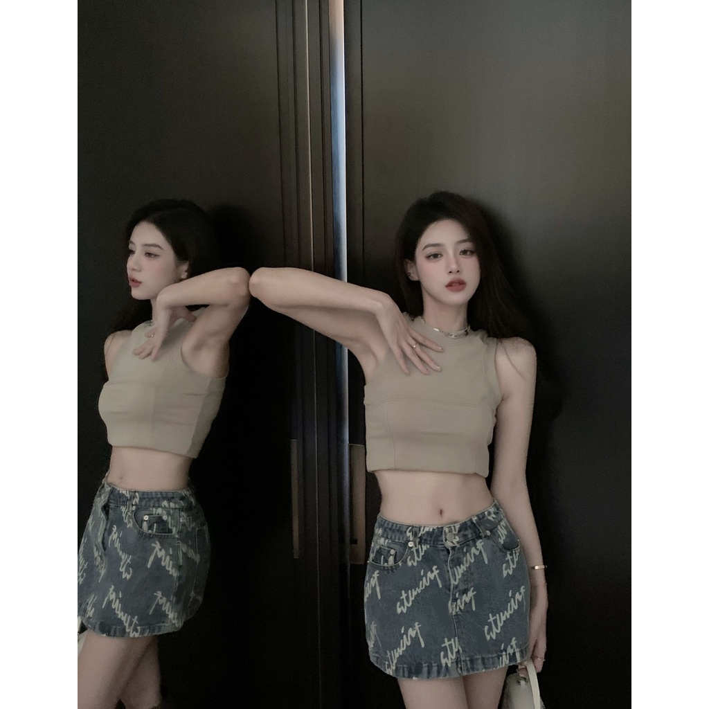 Chân váy jean chữ A IHKKE lưng cao dáng ôm phong cách retro dành cho nữ