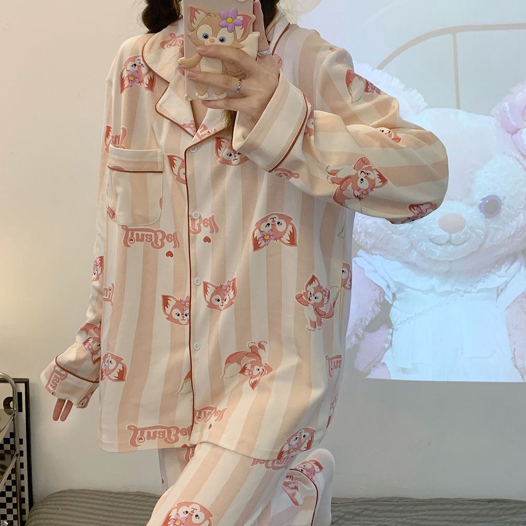 Bộ Đồ Ngủ Tay Dài In Hoạt Hình Lingna Belle Dễ Thương Thời Trang Thu Đông Cho Nữ