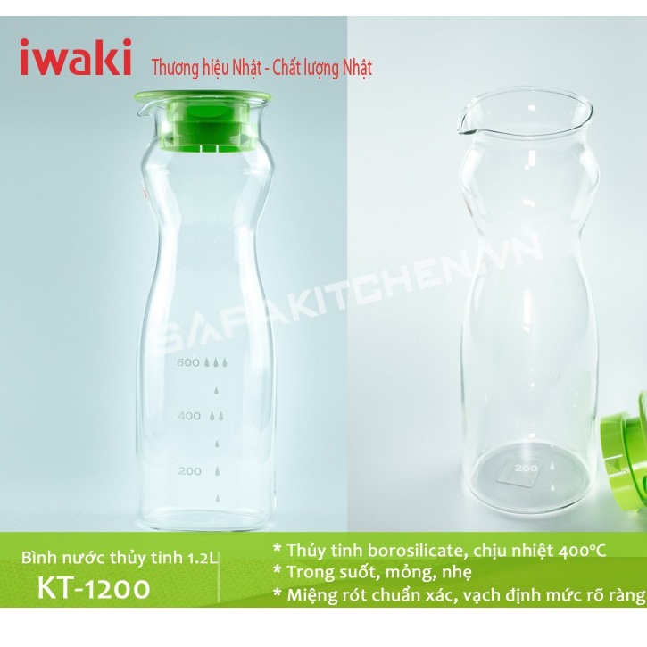 Bình nước thủy tinh IWAKI 1.2L - THƯƠNG HIỆU NHẬT - CHẤT LƯỢNG NHẬT