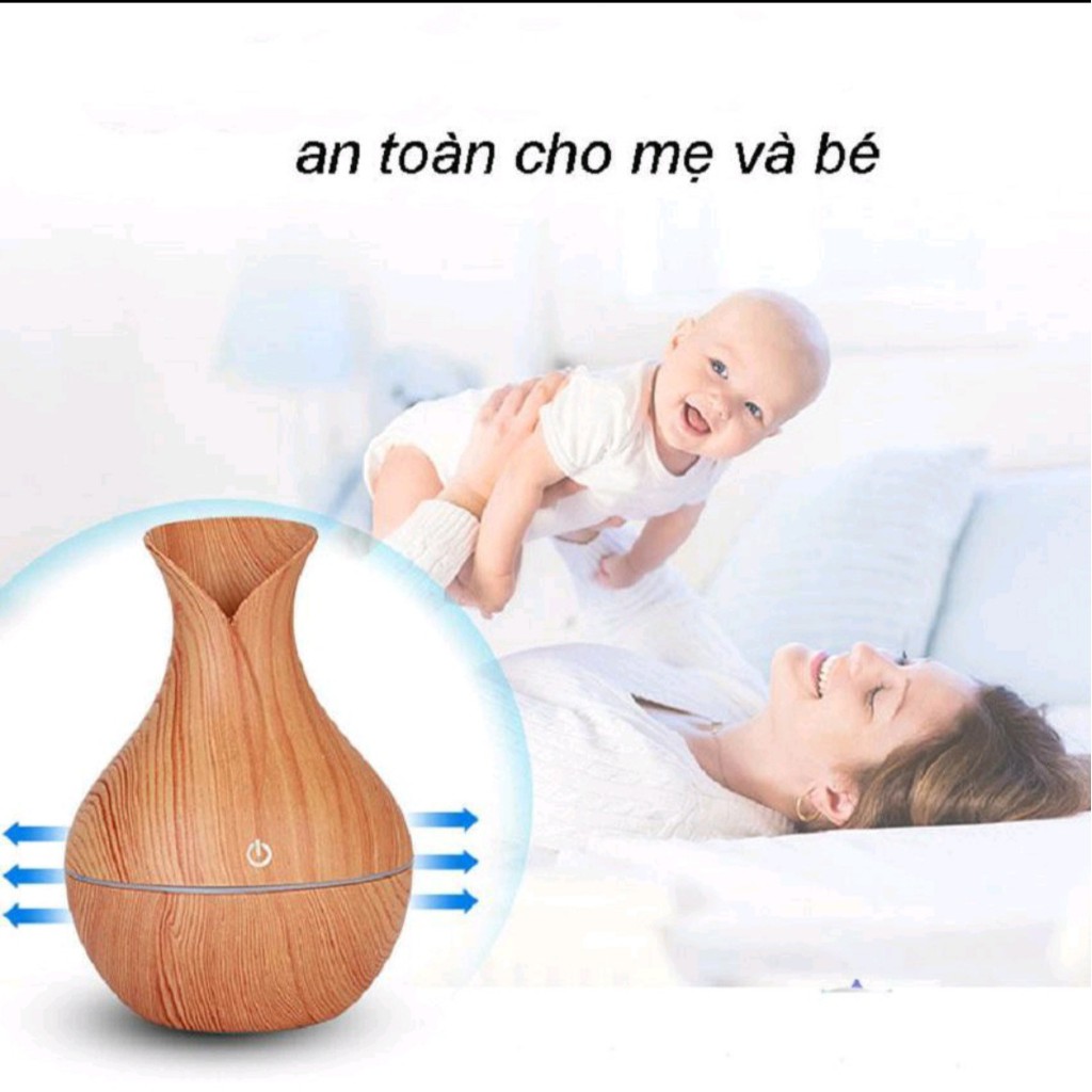 Máy xông tinh dầu phòng ngủ mini có đèn vân gỗ Khuếch tán tinh dầu phun sương tạo ẩm tự động cao cấp 130ml, Cắm Ổ USB