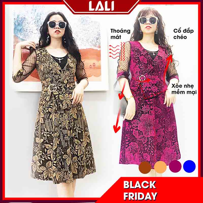 Đầm trung niên dáng xòe tay lỡ, váy trung niên nhũ dự tiệc dáng xòe bigsize MS69