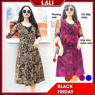 Đầm trung niên dáng xòe tay lỡ, váy trung niên nhũ dự tiệc dáng xòe bigsize MS69