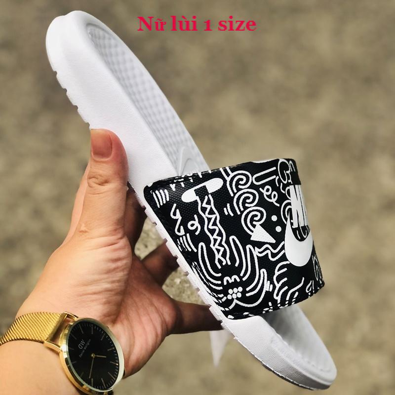 Dép unisex 𝐍𝐈𝐊𝐄 ❤️FREESHIP + Hộp❤️ dép quai ngang thể thao nam nữ mk in 𝐍𝐈𝐊𝐄-𝐁𝐚𝐧𝐚𝐬𝐬𝐢 Hoạt-hình-trắng-quai-đen
