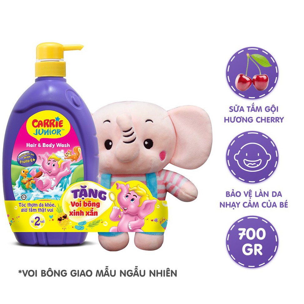 Carrie Junior tắm gội cho bé hương Cherry 700ml tặng Voi bông