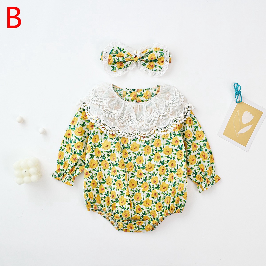 Bộ áo liền quần SANLUTOZ tay dài chất cotton phối ren hoa kèm băng đô cài tóc thời trang mùa