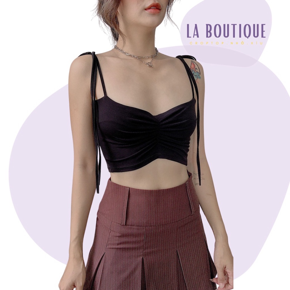 Áo hai dây nhún ngực cột vai La Boutique màu đen thun ATY cao cấp form croptop dễ phối dồ đi dạo phố SM20