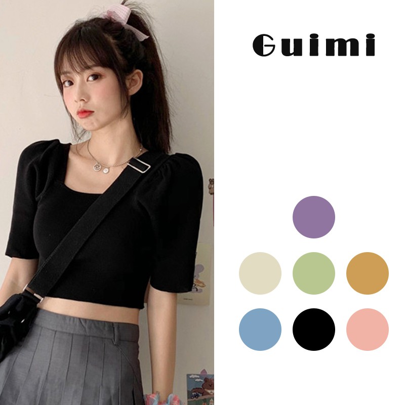 NZN Áo croptop dệt kim tay ngắn cổ vuông thời trang Hàn Quốc