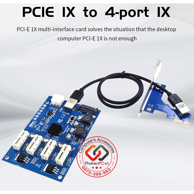 Card Riser mở rộng PCIe 1x ra 4 Port PCIe 1X lắp cùng lúc 4 card