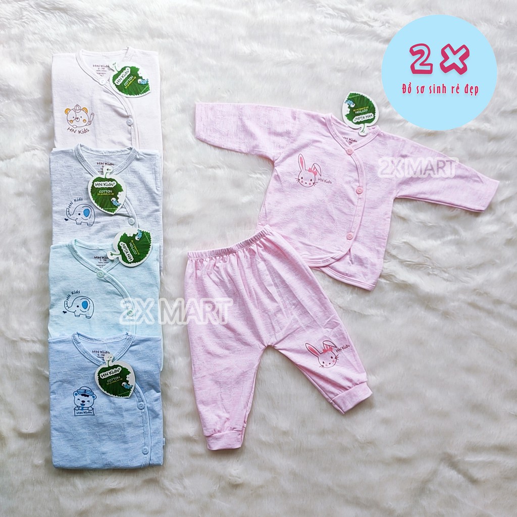 Bộ Quần Áo Sơ Sinh Dài Tay Cotton HN KIDS Vạt Chéo Khuy Lệch Cho Bé Giữ Bụng Không Bị Hở - 2X MART