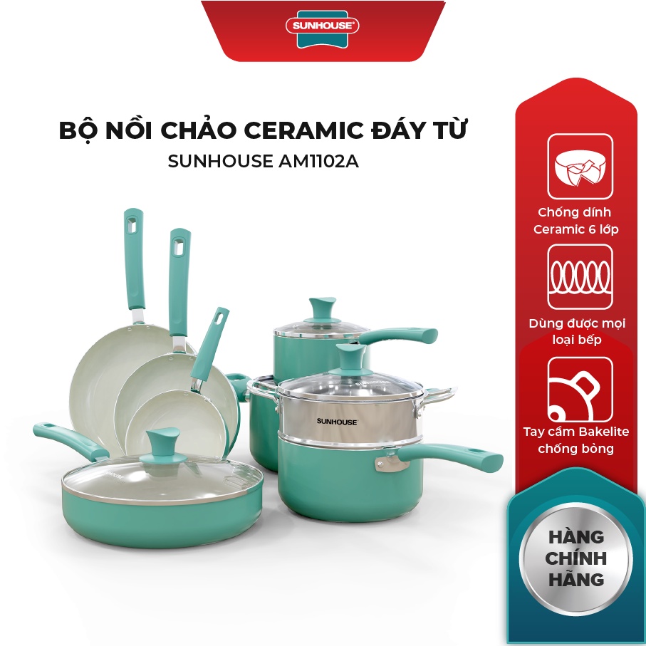 Bộ nồi chảo Ceramic đáy từ Sunhouse AM1102A | 16cm/20cm/24cm/26cm | Chống dính Ceramic 6 lớp | Hàng chuẩn Mỹ