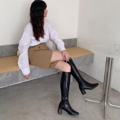 Bốt đùi nữ da lì khóa cạnh , Boot nữ đùi lửng dưới gối da lì 5cm khóa cạnh gót vuông màu đen nâu đi chơi du lịch