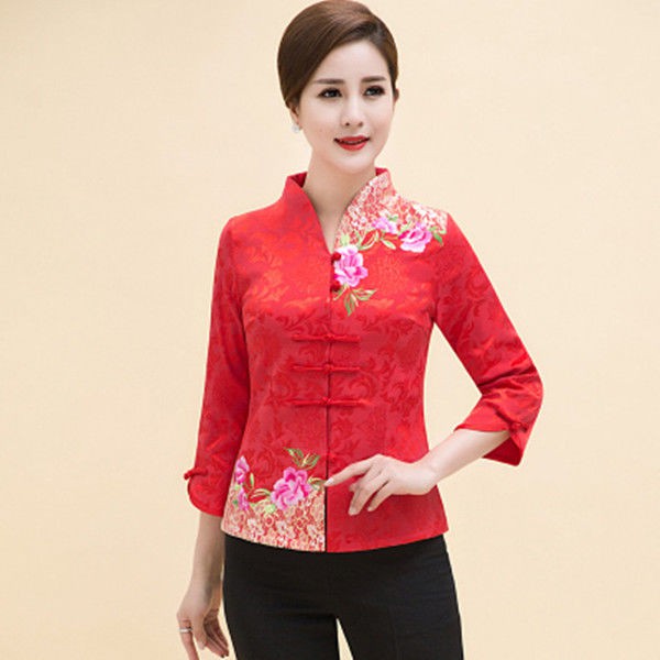 áo mẹSản phẩm mới mùa hè của phụ nữ cỡ lớn dân tộc Tang ngắn tay phù hợp với áo thun bà mẹ váy thêu trên đầu
