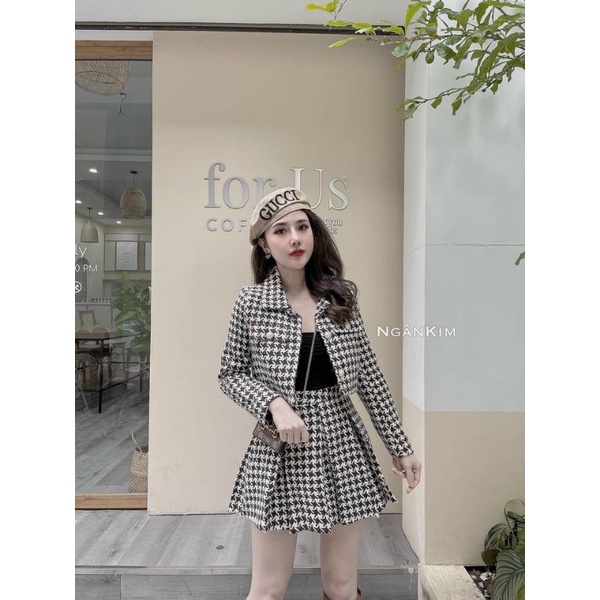 Set dạ tweed gồm áo kèm chân váy sang chảnh kèm ảnh thật
