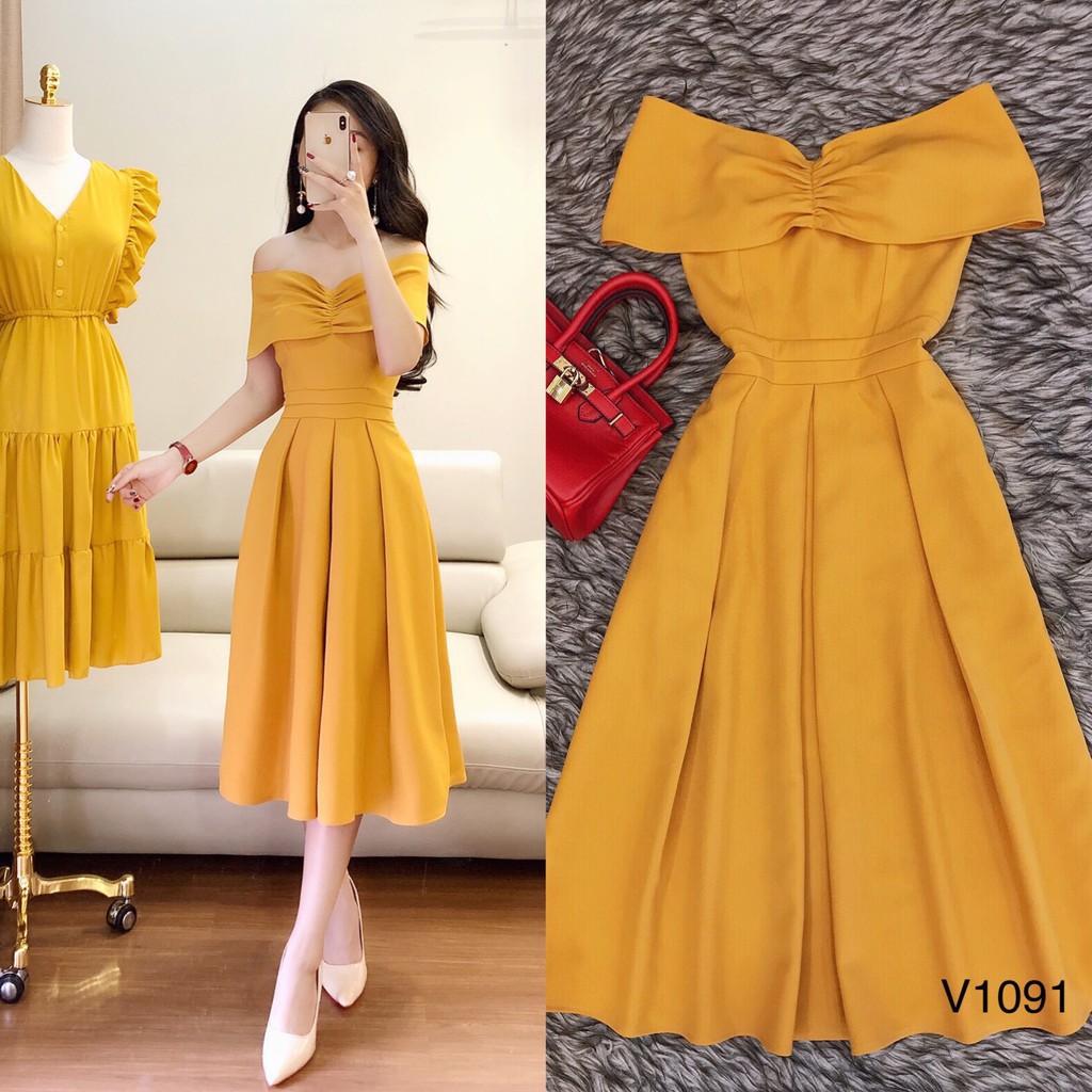[ xả kho ] MiD Đầm vàng trễ vai hàng thiết kế V1091 Mie Design ảnh thật