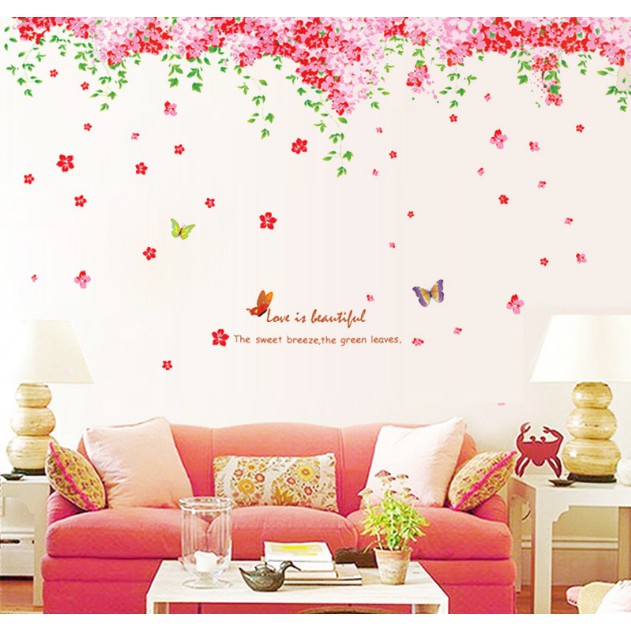 Decal trang trí tường - Dàn Hoa Bướm Hồng nhí lãng mạn ( size lớn 2 tấm )